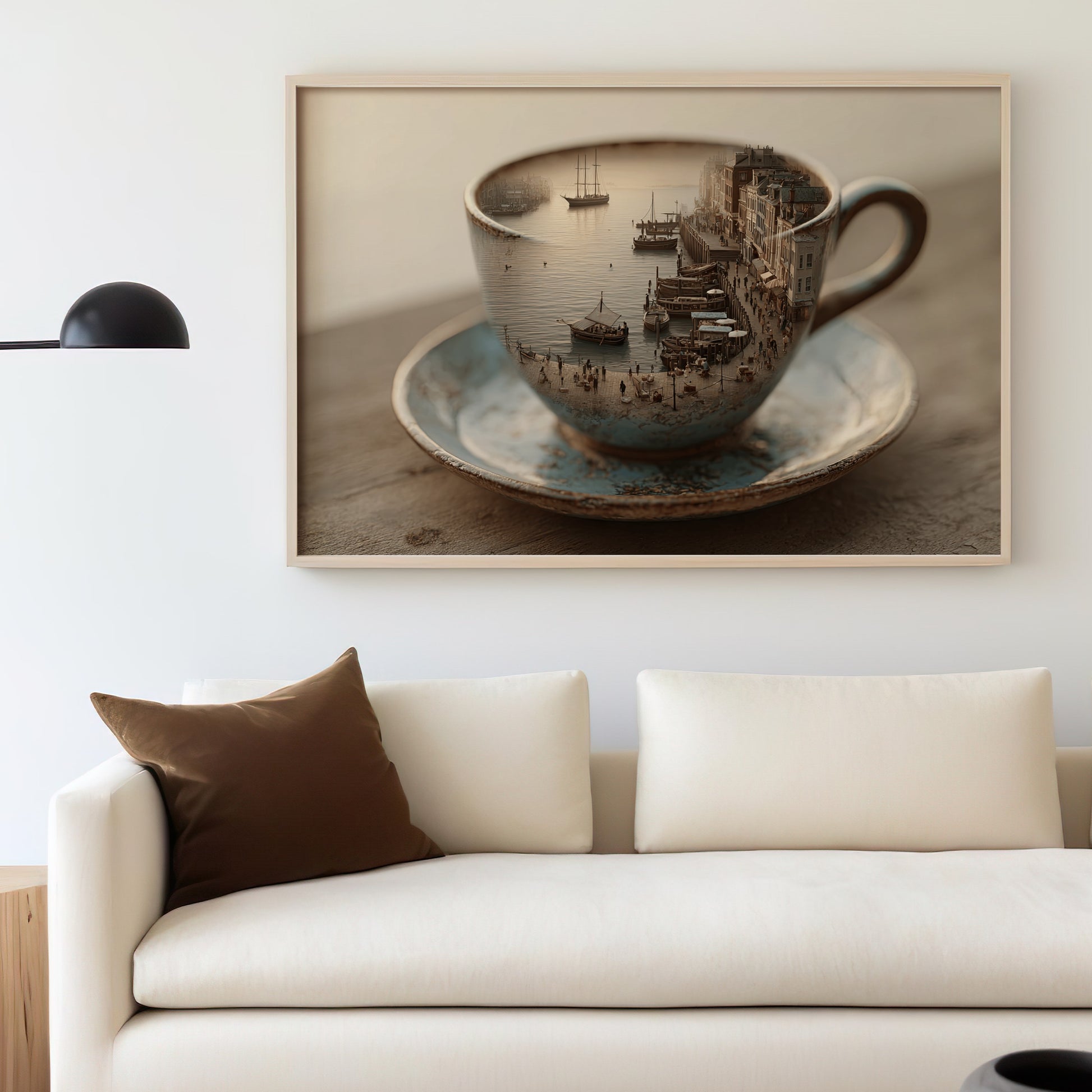 Coffee cup on saucer with a scenic European harbor scene reflected.