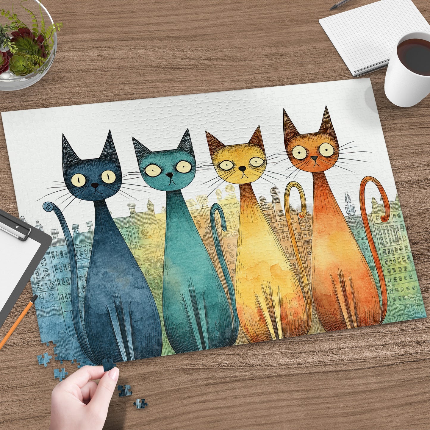 Four colorful cartoon cats on a puzzle, with a cityscape in the background.