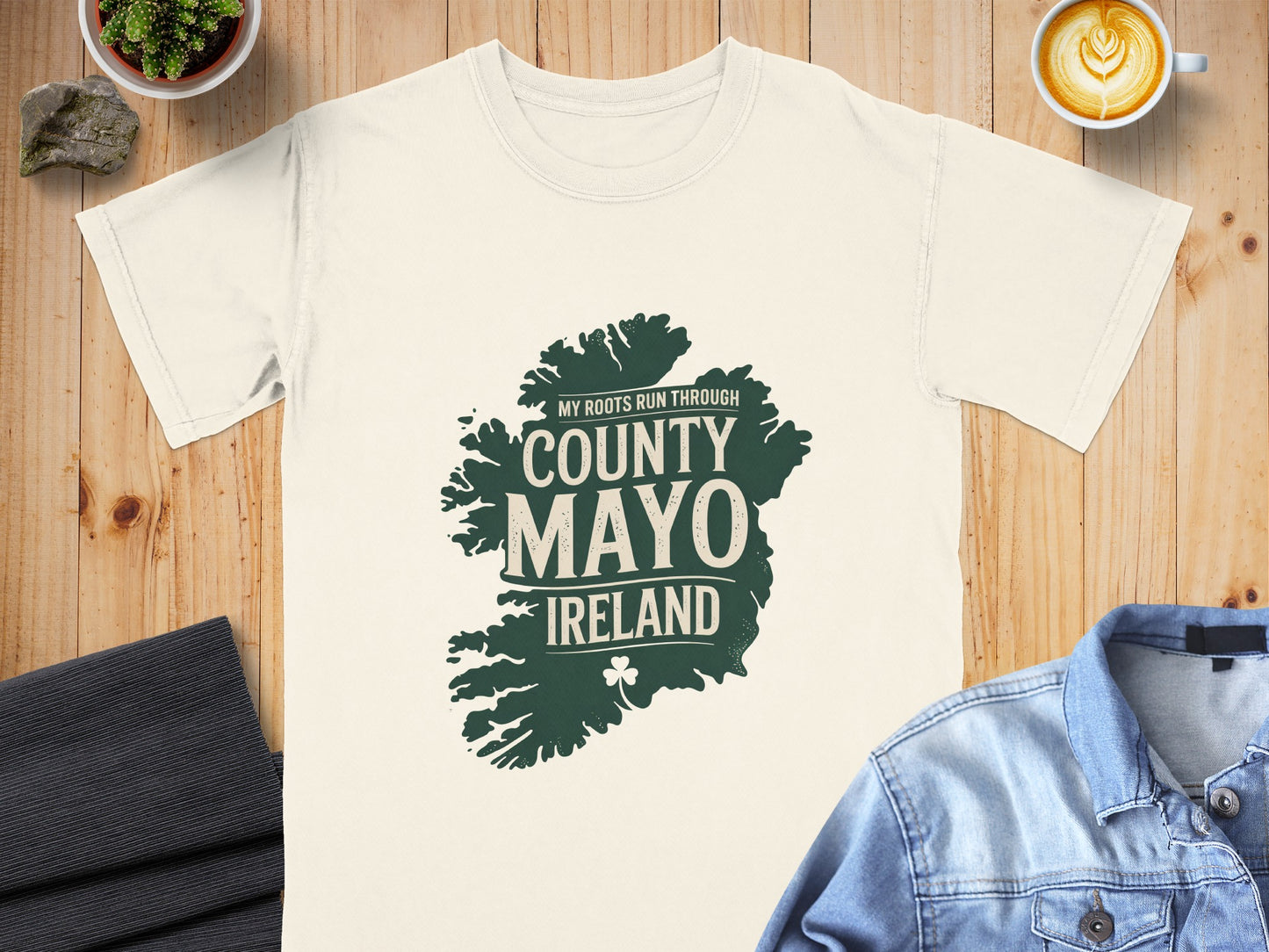 Cream t-shirt with green County Mayo Ireland graphic and shamrock.