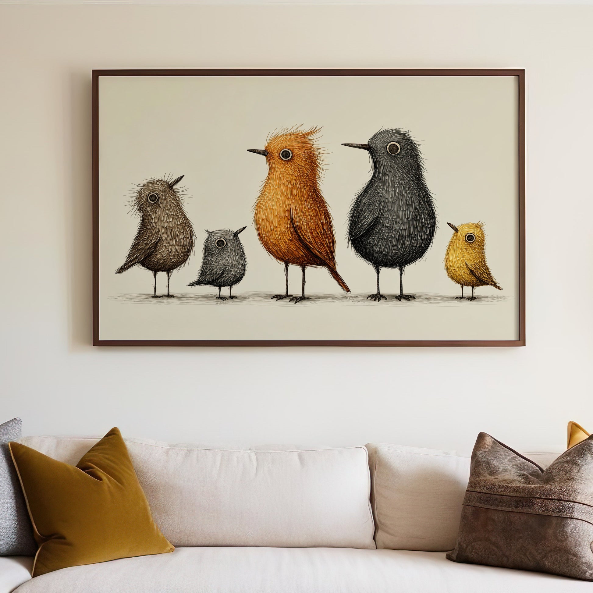 Five stylized birds in brown, orange, and gray on a framed canvas.