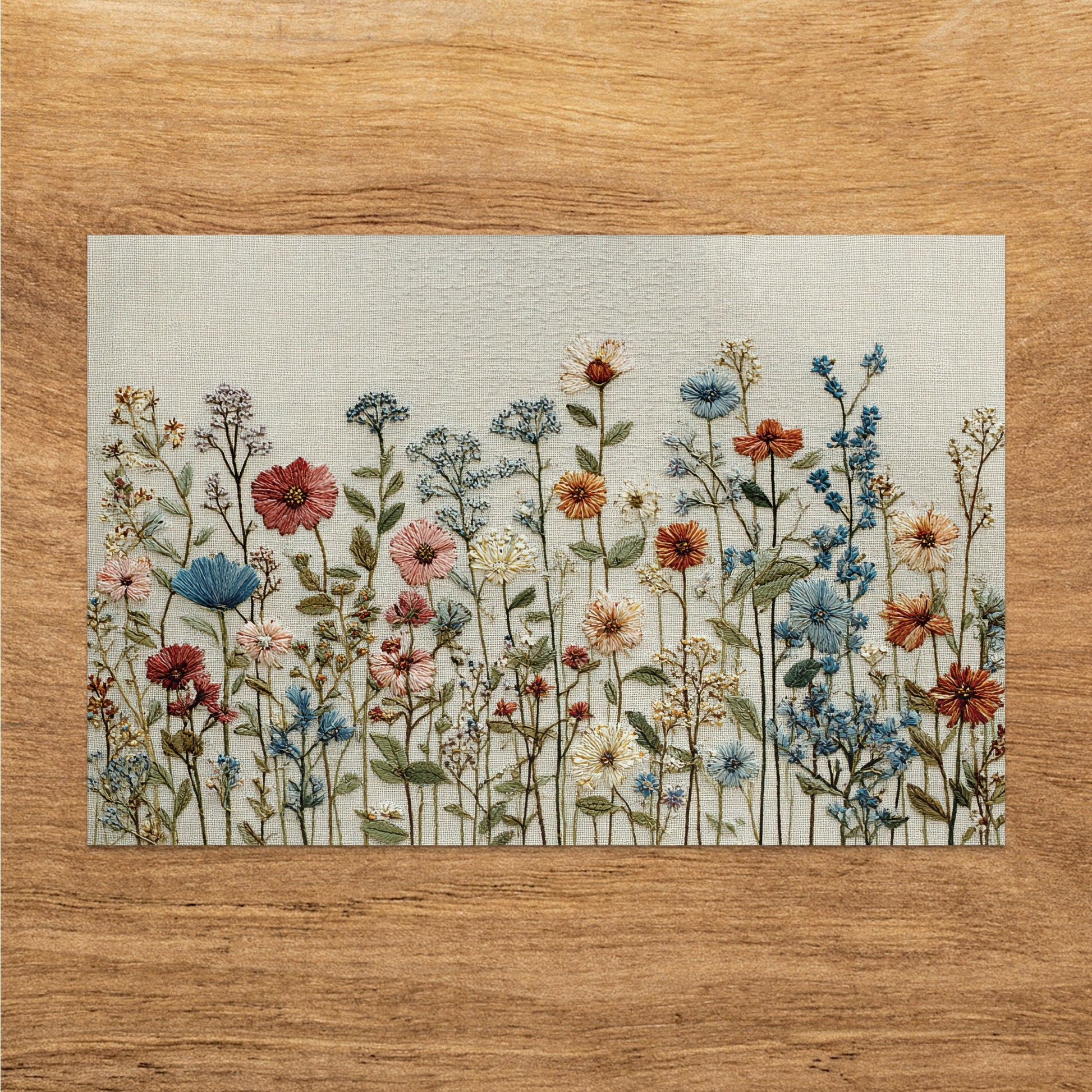 Embroidery of wildflowers in assorted colors on a textured canvas, displayed on wood.