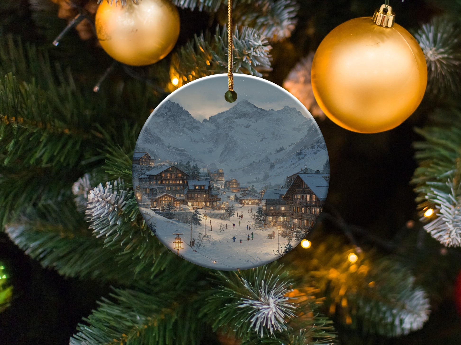 Festive Winter Village Scene on Ceramic Ornament