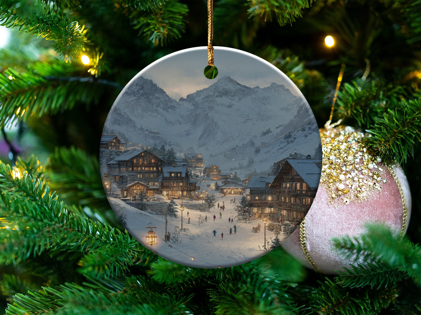 Snowy Mountain Village Christmas Ornament