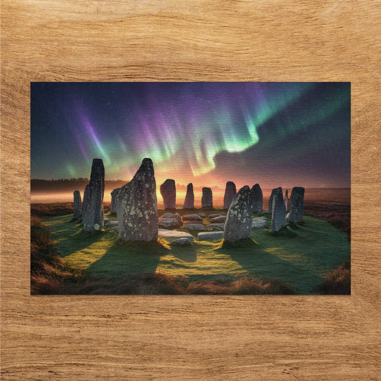 Standing stones under the aurora borealis at sunrise.