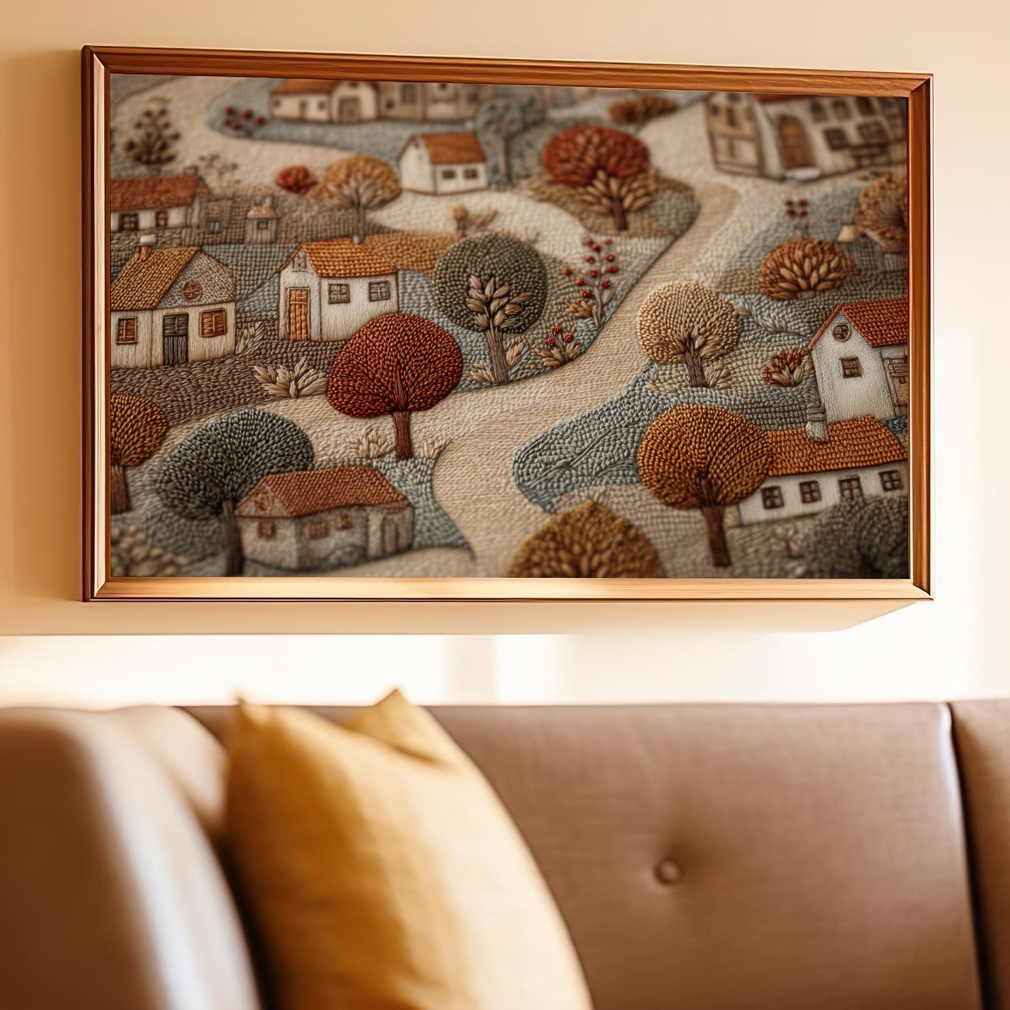 Scenic Embroidered Wall Art with Wooden Frame
