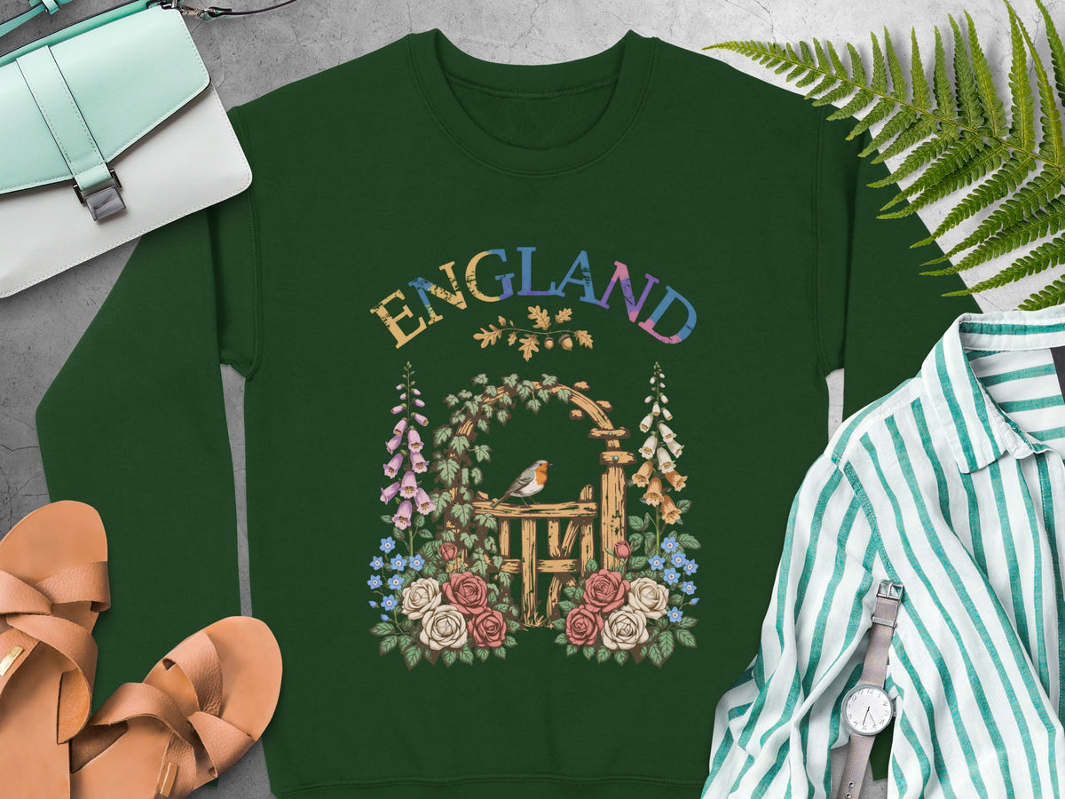 Green sweatshirt with "England" text and garden scene featuring a robin.