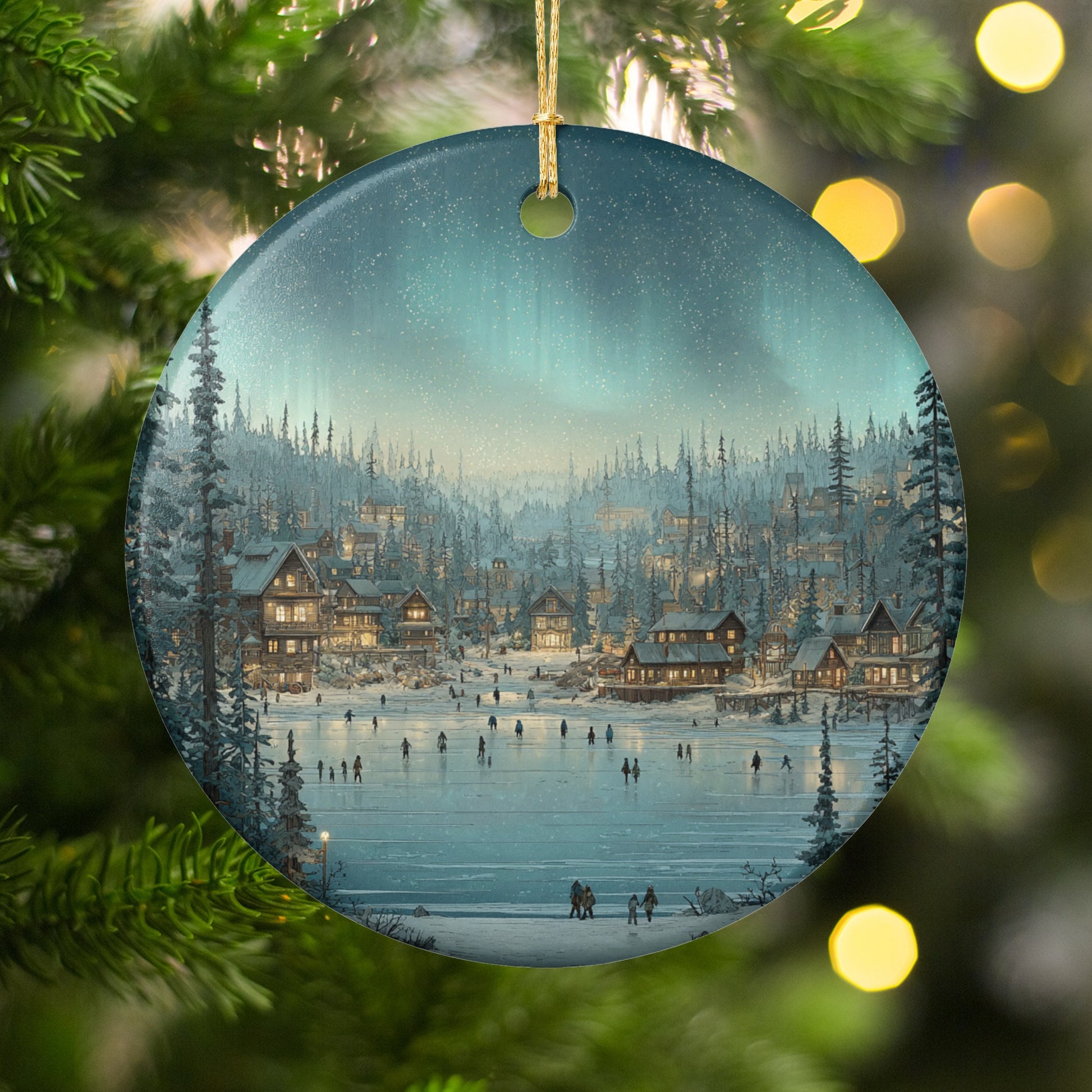 Scenic Winter Village Design Hanging Ornament