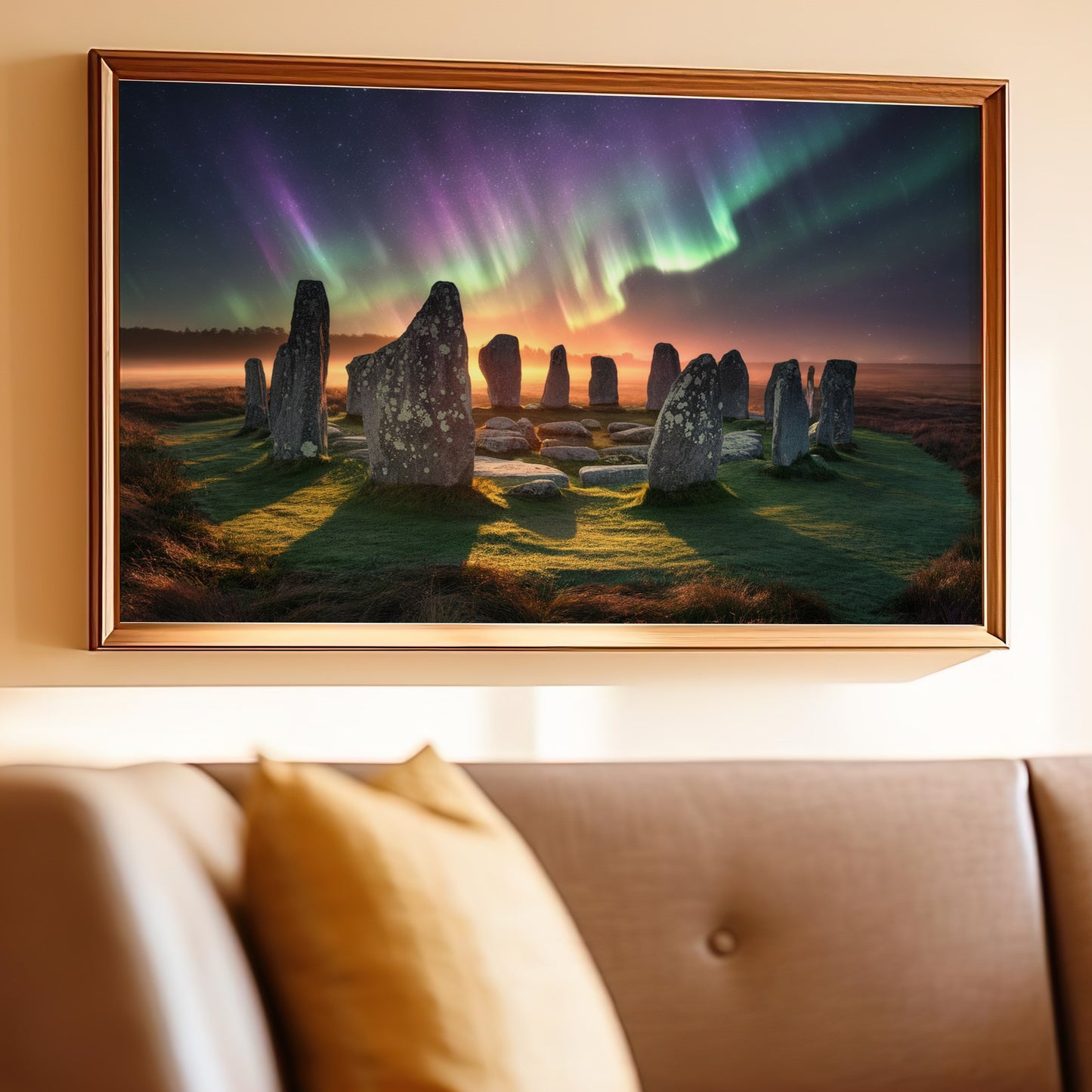 Stone circle under aurora borealis, framed artwork above sofa.