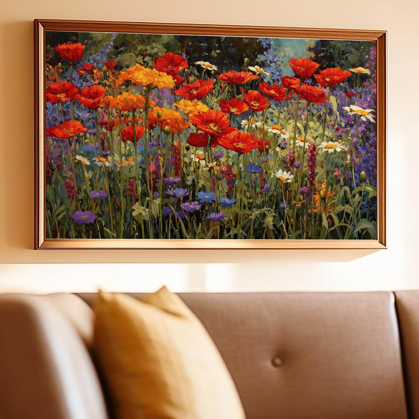 A framed painting of vibrant red and orange poppies with purple and white wildflowers.