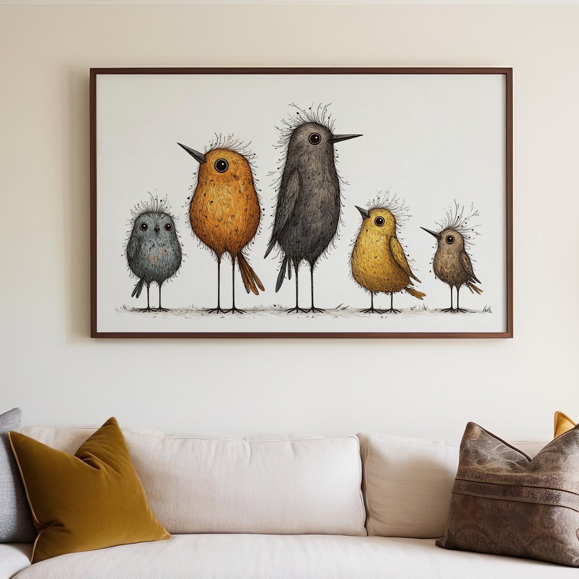 Five stylized cartoon birds with fluffy crests stand in a line.