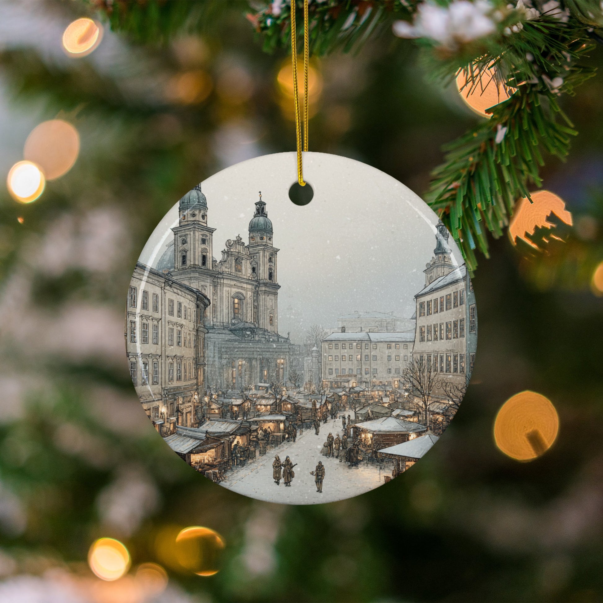 Snowy Cityscape with Holiday Market Scene Ornament