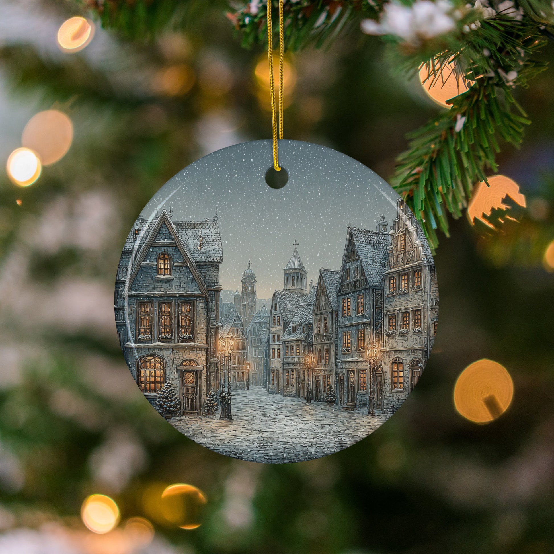 Vintage Snowy Village Scene Christmas Ornament