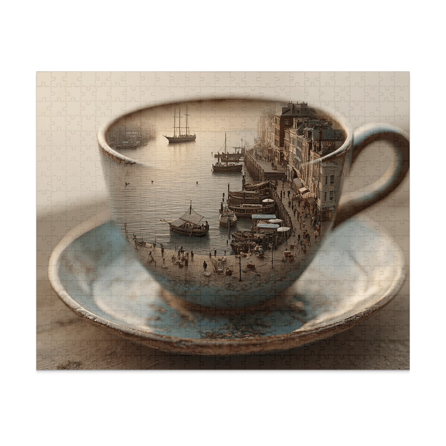 Seascape with boats and buildings reflected in a teacup and saucer.