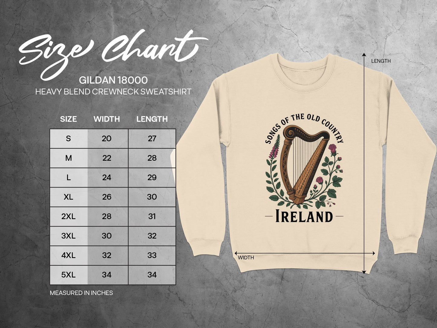 Gildan 18000 sweatshirt size chart with harp graphic and "Ireland" text.