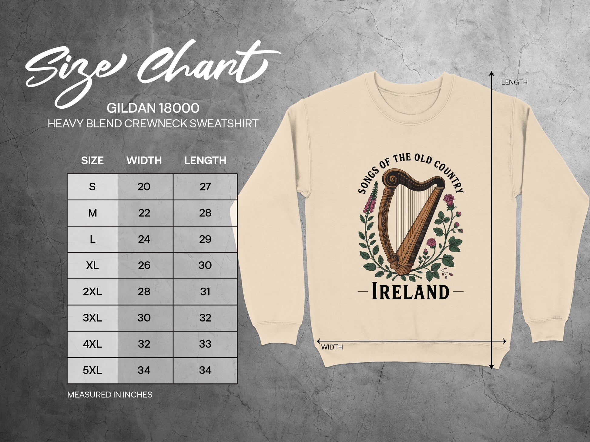 Gildan 18000 sweatshirt size chart with harp graphic and "Ireland" text.