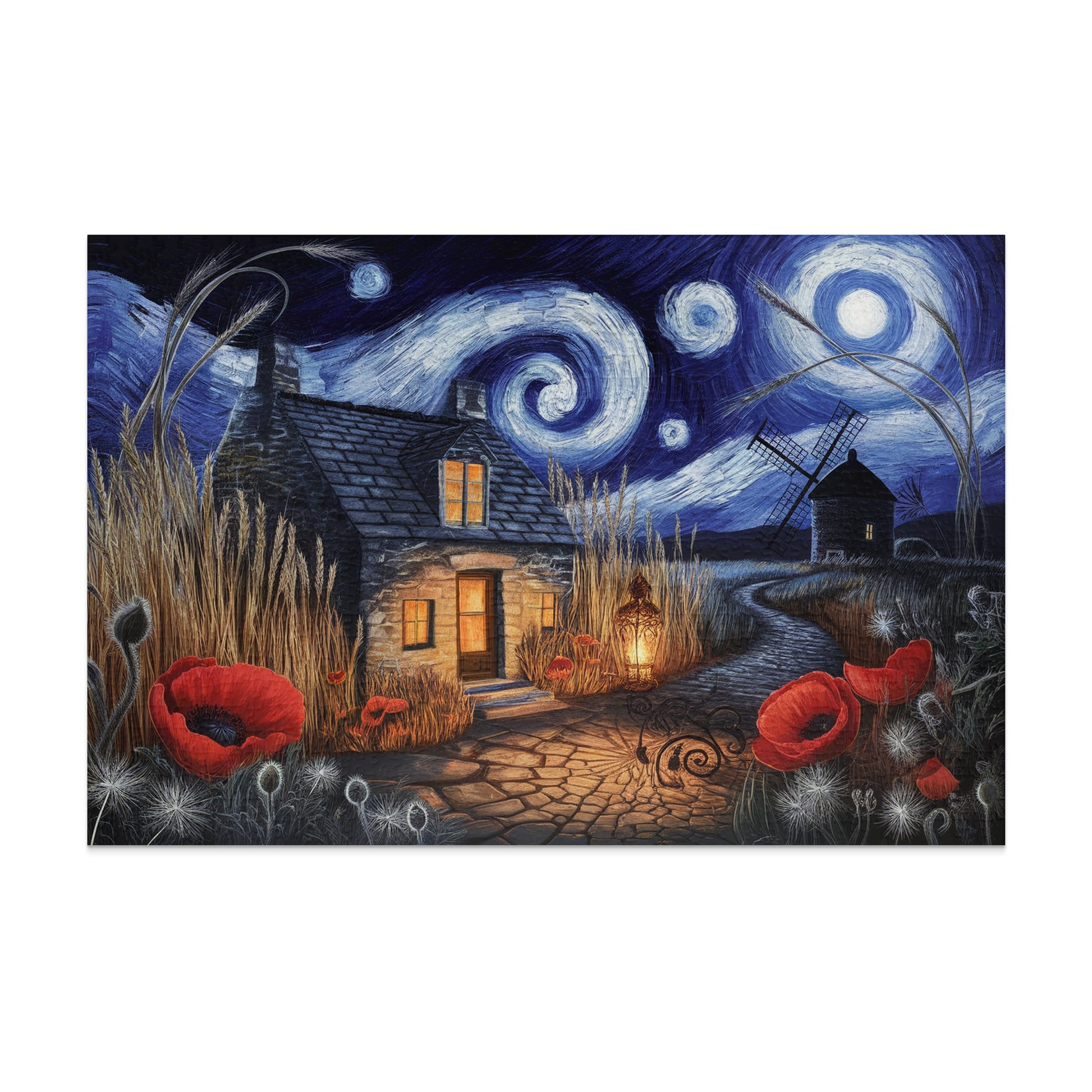 Stone cottage, poppies, and windmill under a swirling starry night sky.