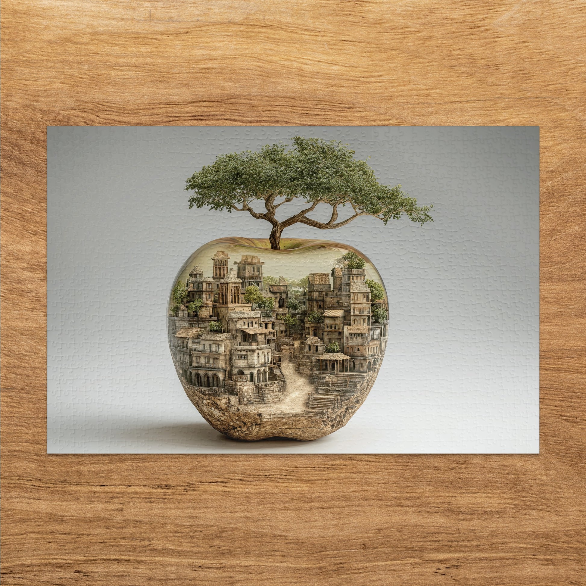 Apple-shaped city with a tree growing from its top.