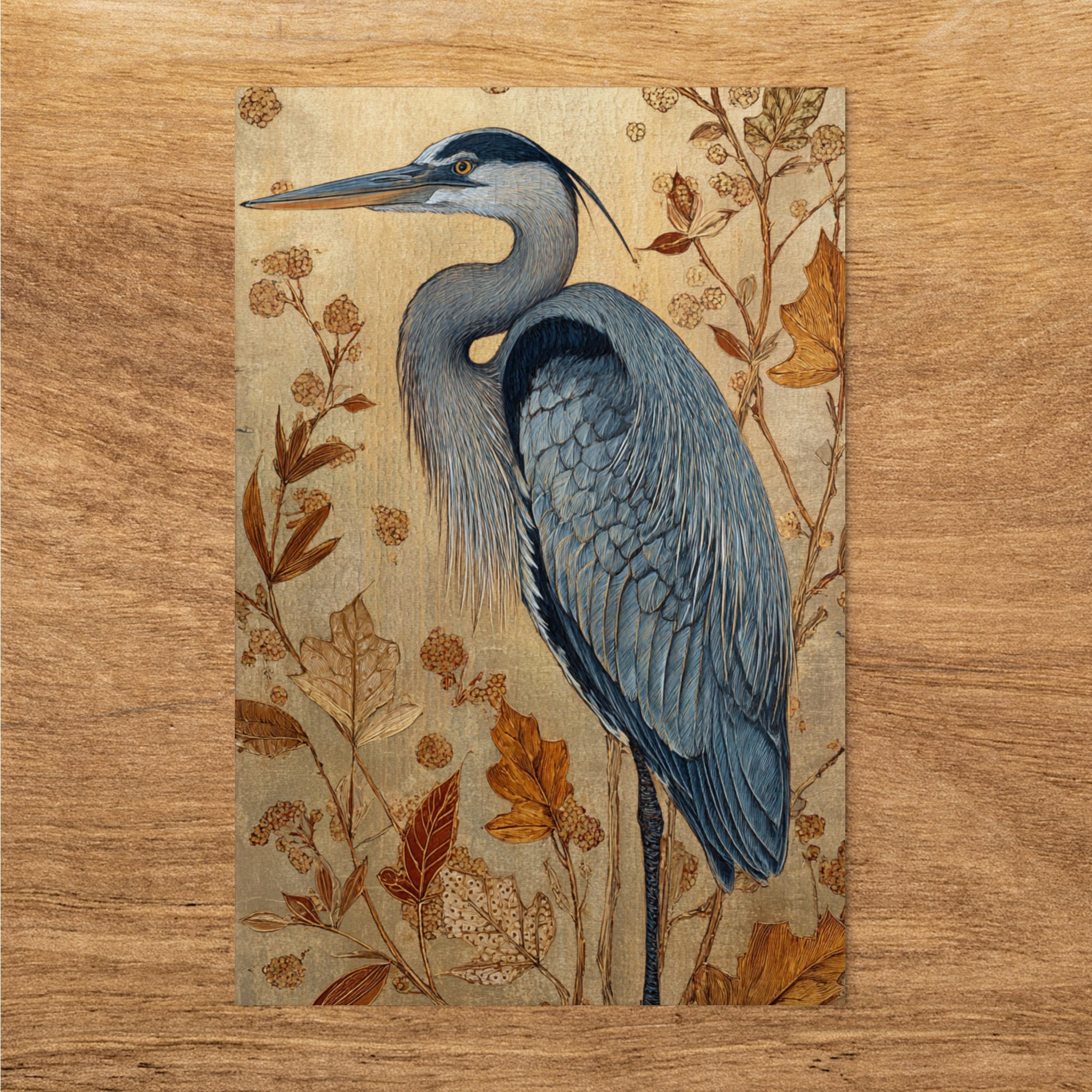 Elegant Heron Design with Botanical Elements Artwork
