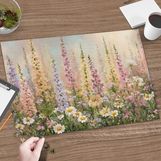 Painting of a field of wildflowers on a wooden table.