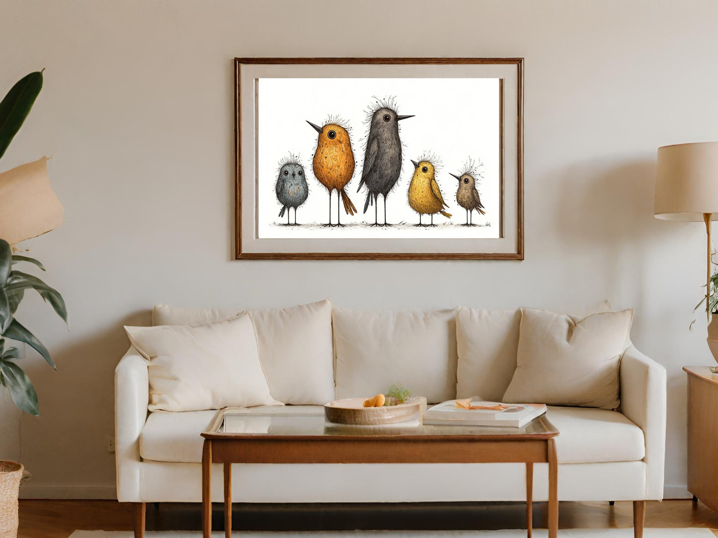 Five whimsical watercolor birds with fluffy chests stand in a row.