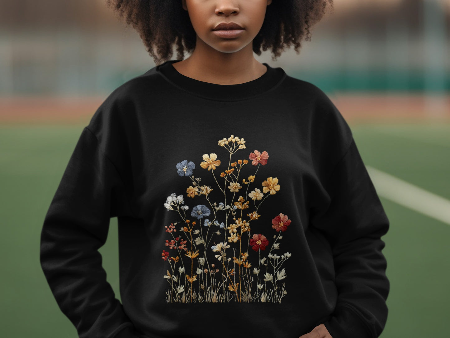 Embroidered Wildflower Design Black Graphic Sweatshirt