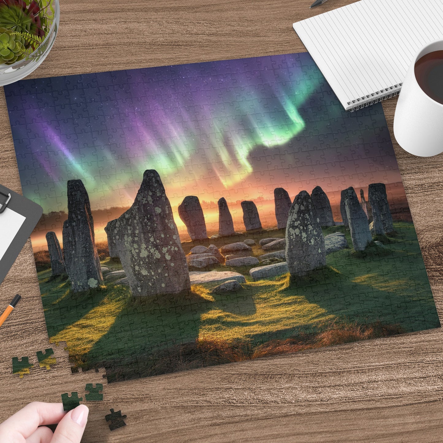 Standing stones with aurora borealis in the sky.