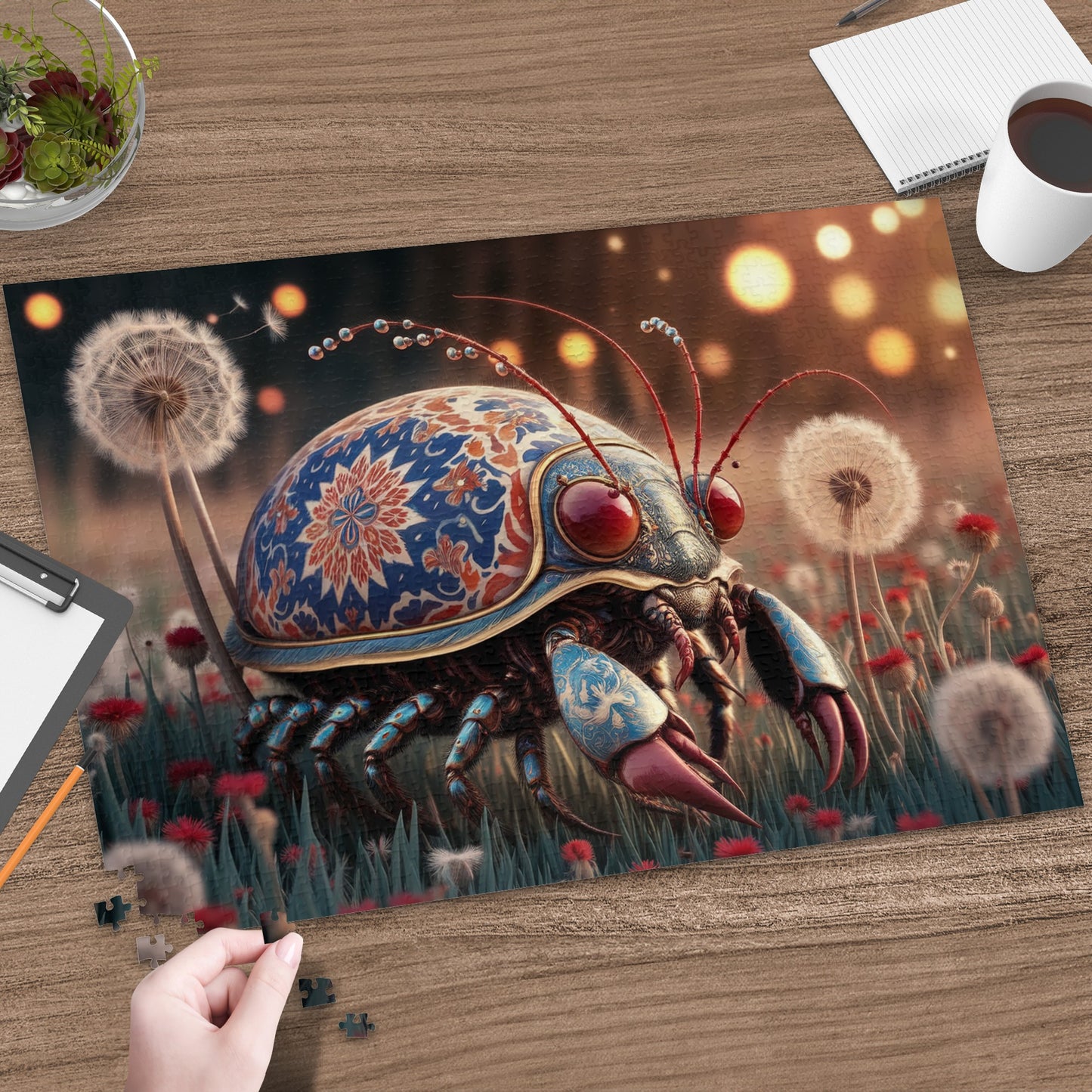 Ornate crab-like creature with blue and red shell on a grassy field with dandelions.