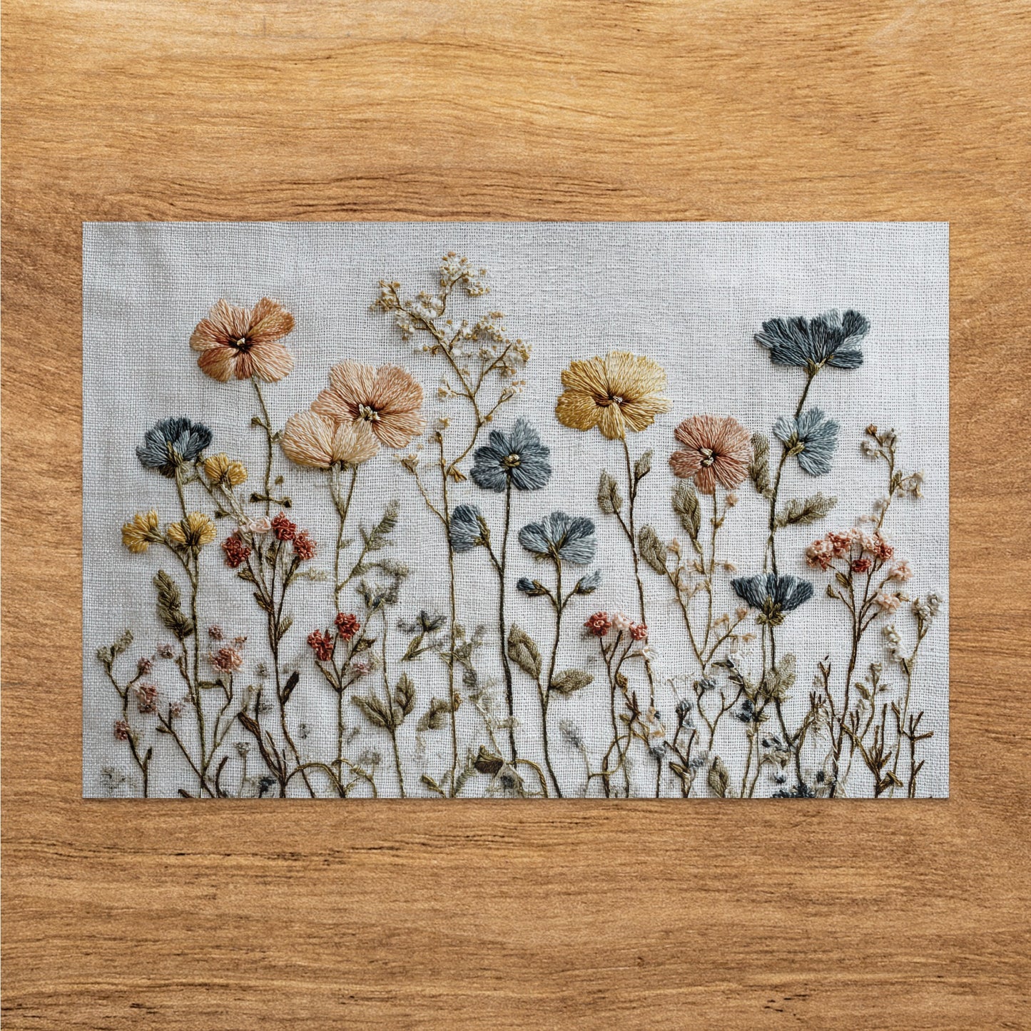 Embroidery of wildflowers in muted colors on linen fabric.