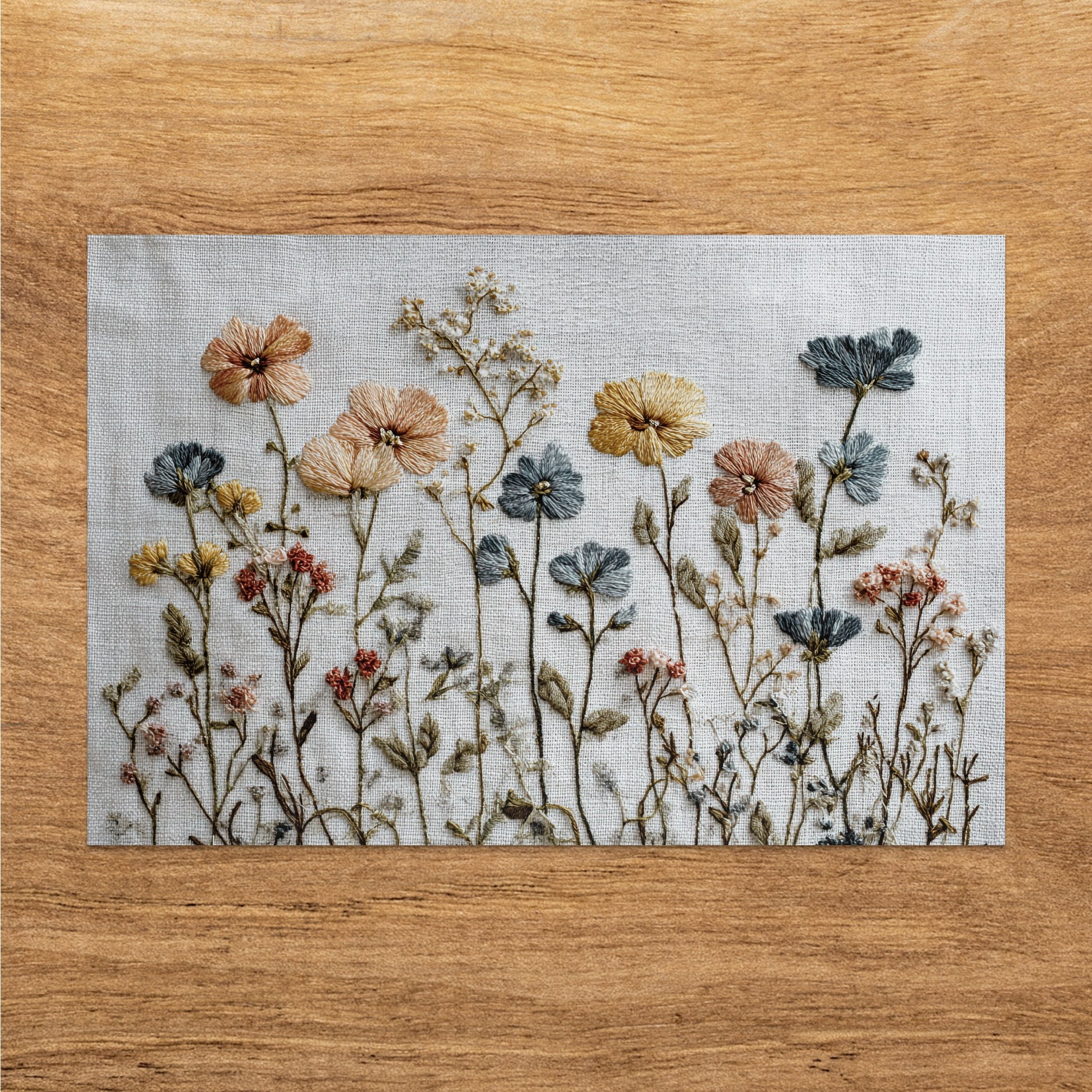 Embroidery of wildflowers in muted colors on linen fabric.