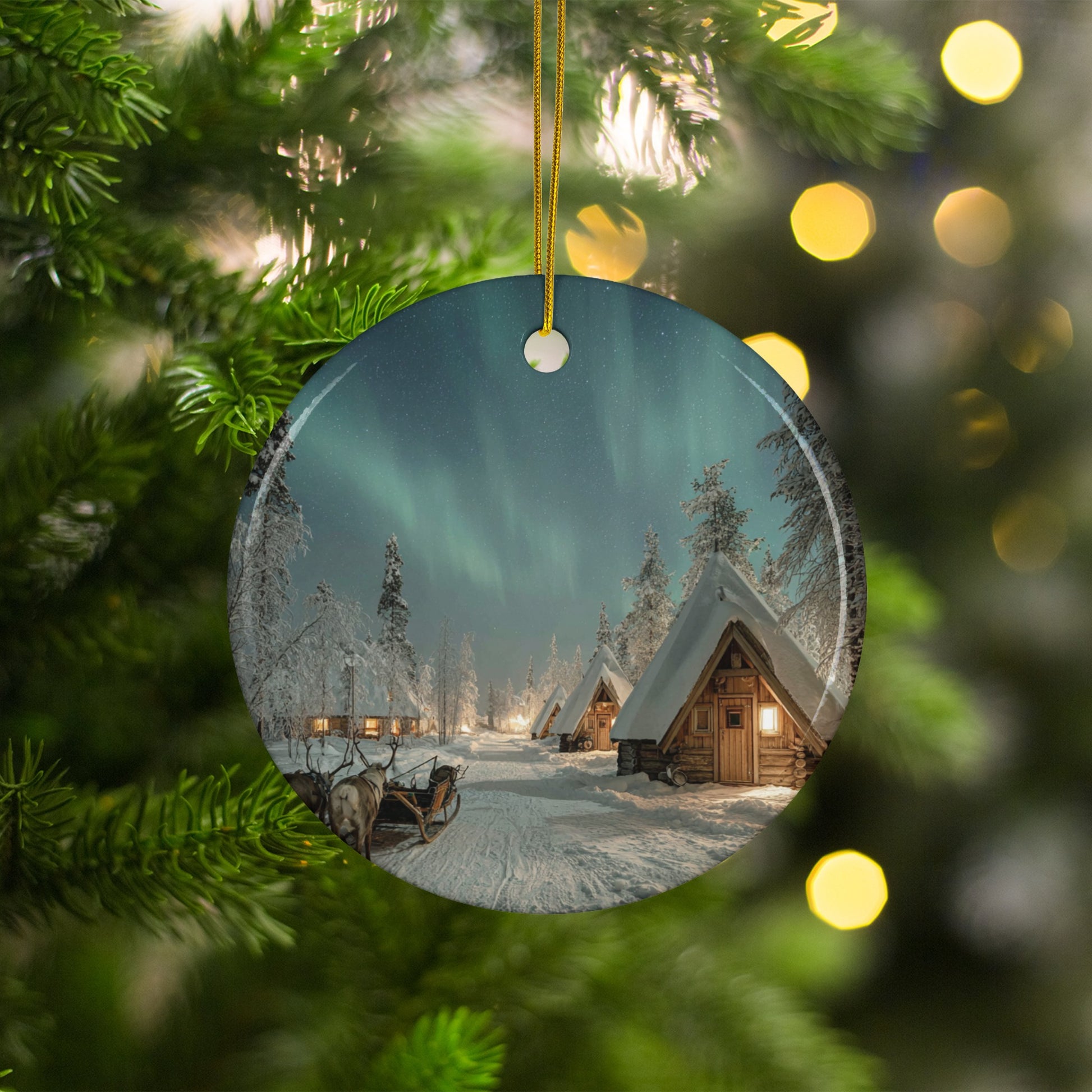 Northern Lights Winter Village Scene Ornament