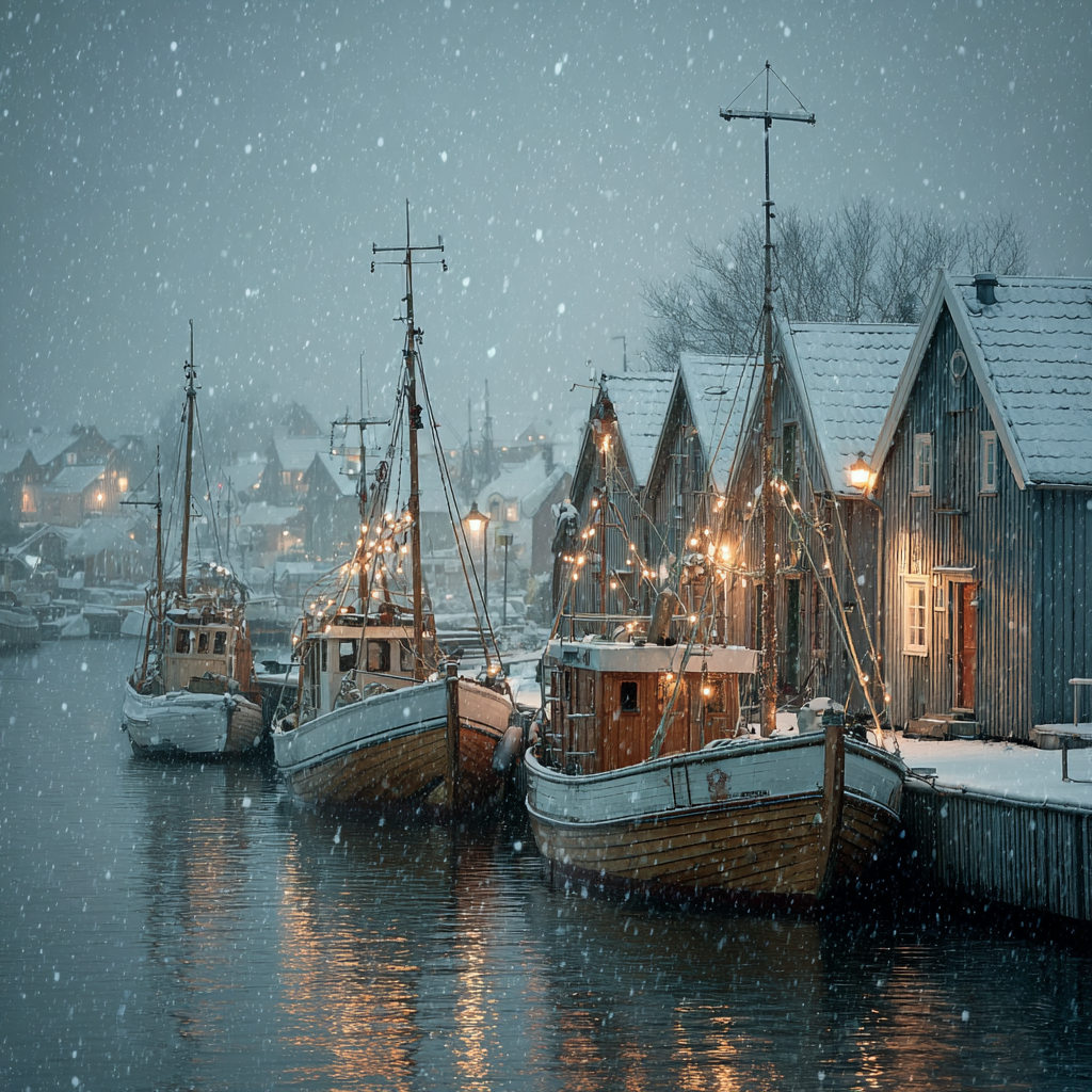 Charming Winter Harbor Scene with Boats product
