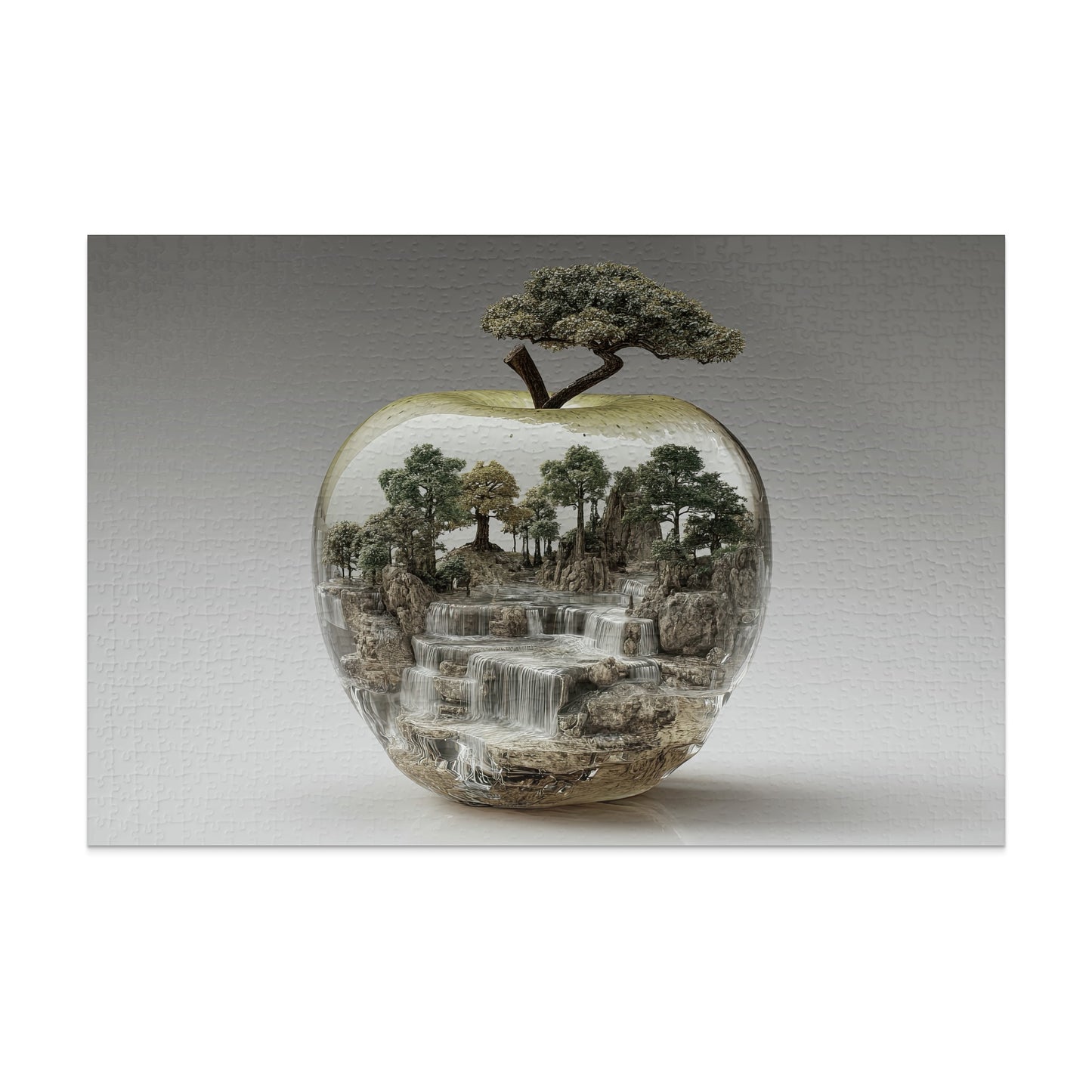 Apple-shaped terrarium with miniature forest and waterfalls inside.