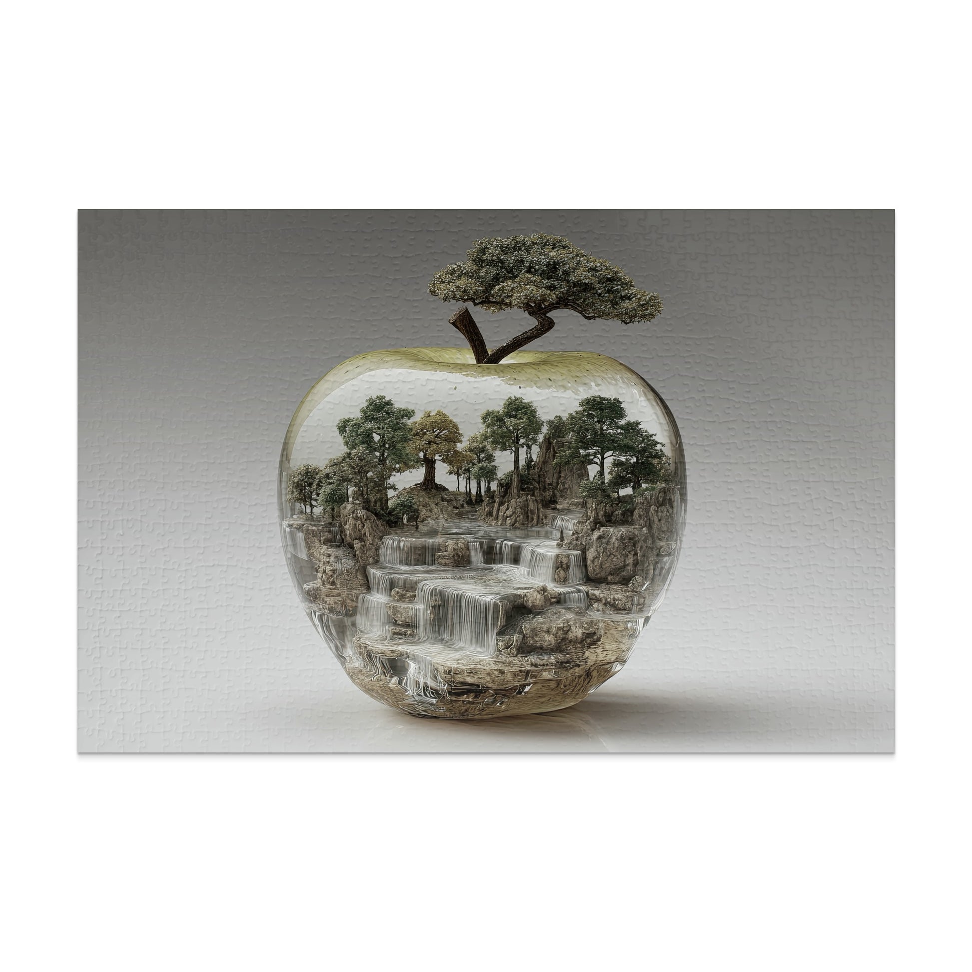 Apple-shaped terrarium with miniature forest and waterfalls inside.