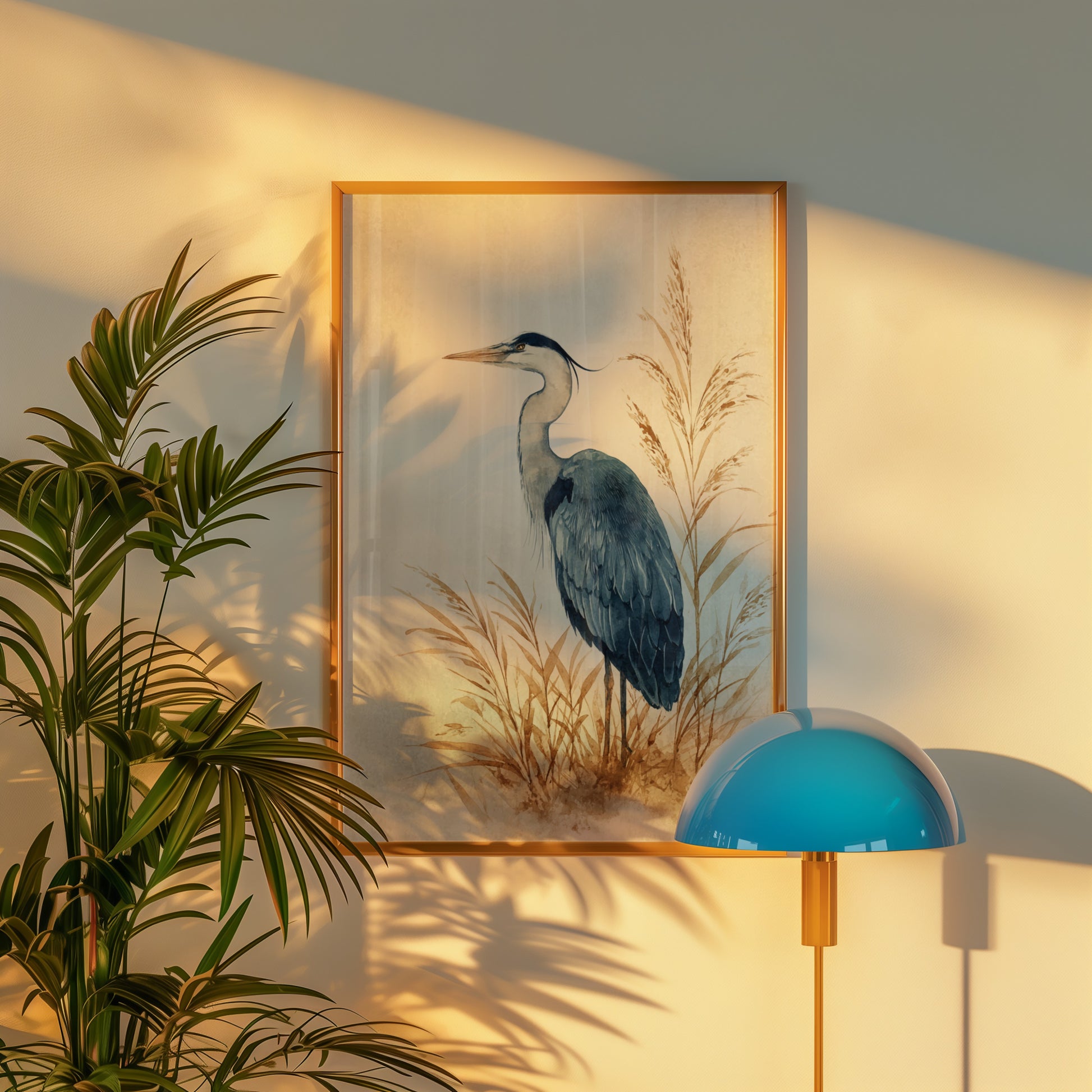 Elegant Heron Artwork with Golden Frame Decor