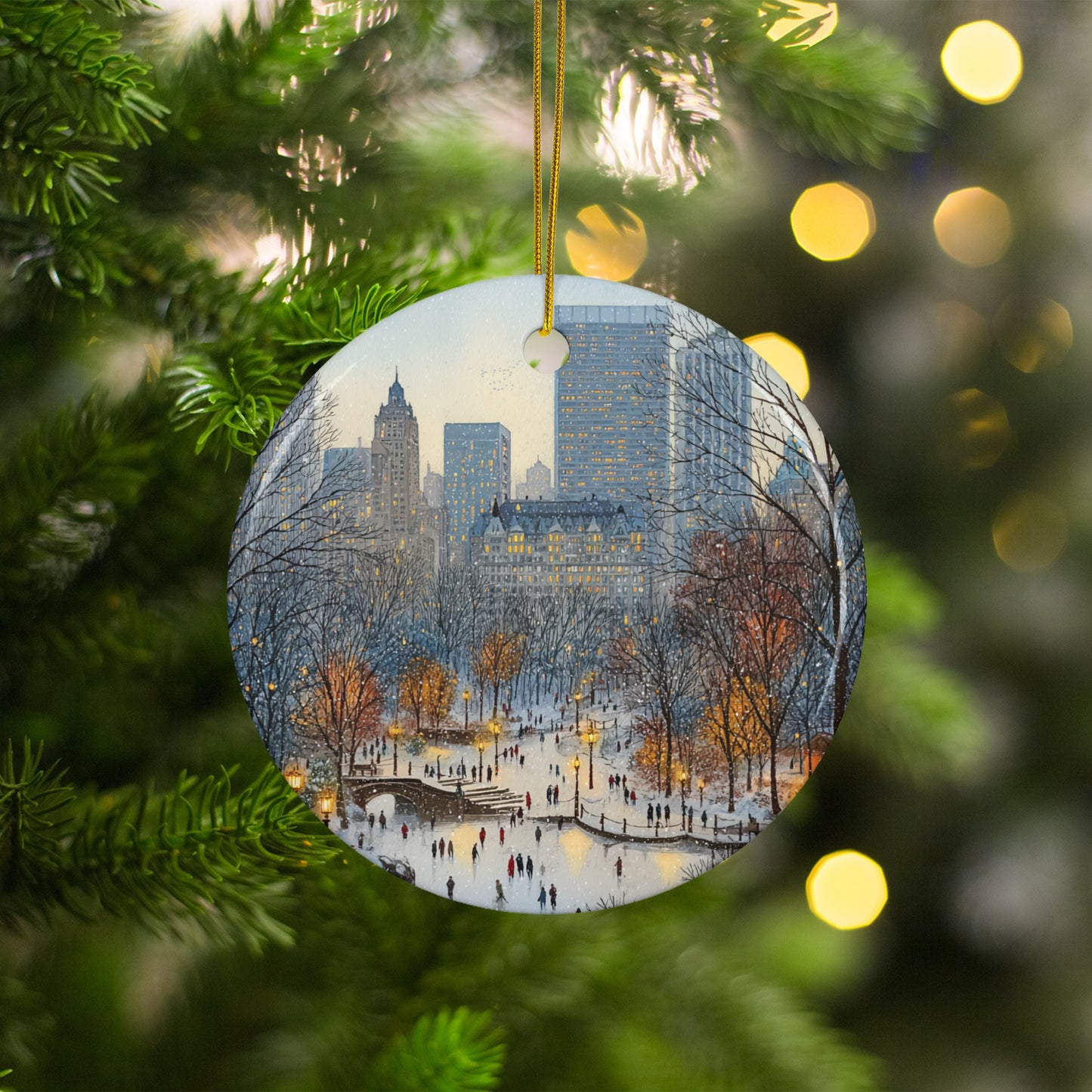 Winter City Park Scene with Skyscrapers Ornament