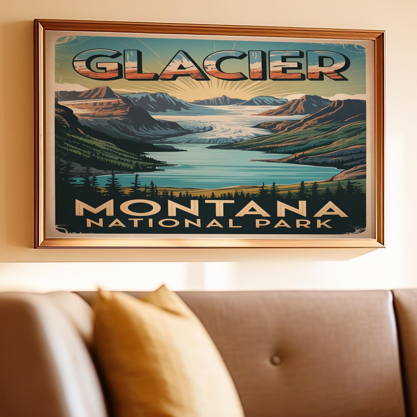 Glacier National Park Montana vintage-style poster shows a lake and mountains.