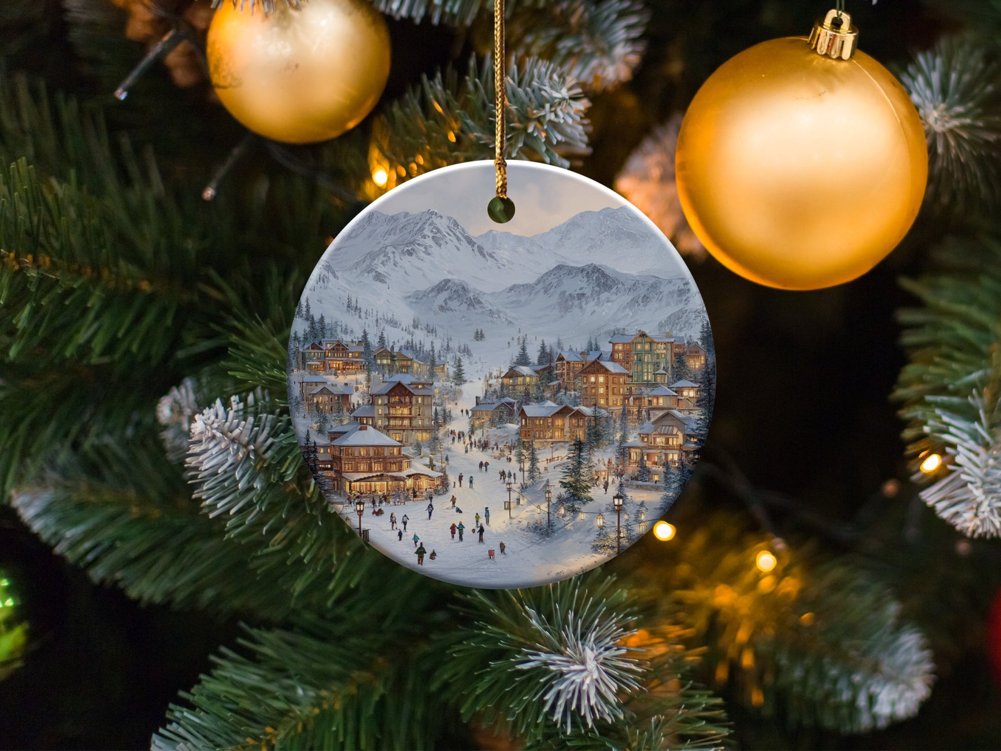 Festive Holiday Village Snow Scene Christmas Ornament