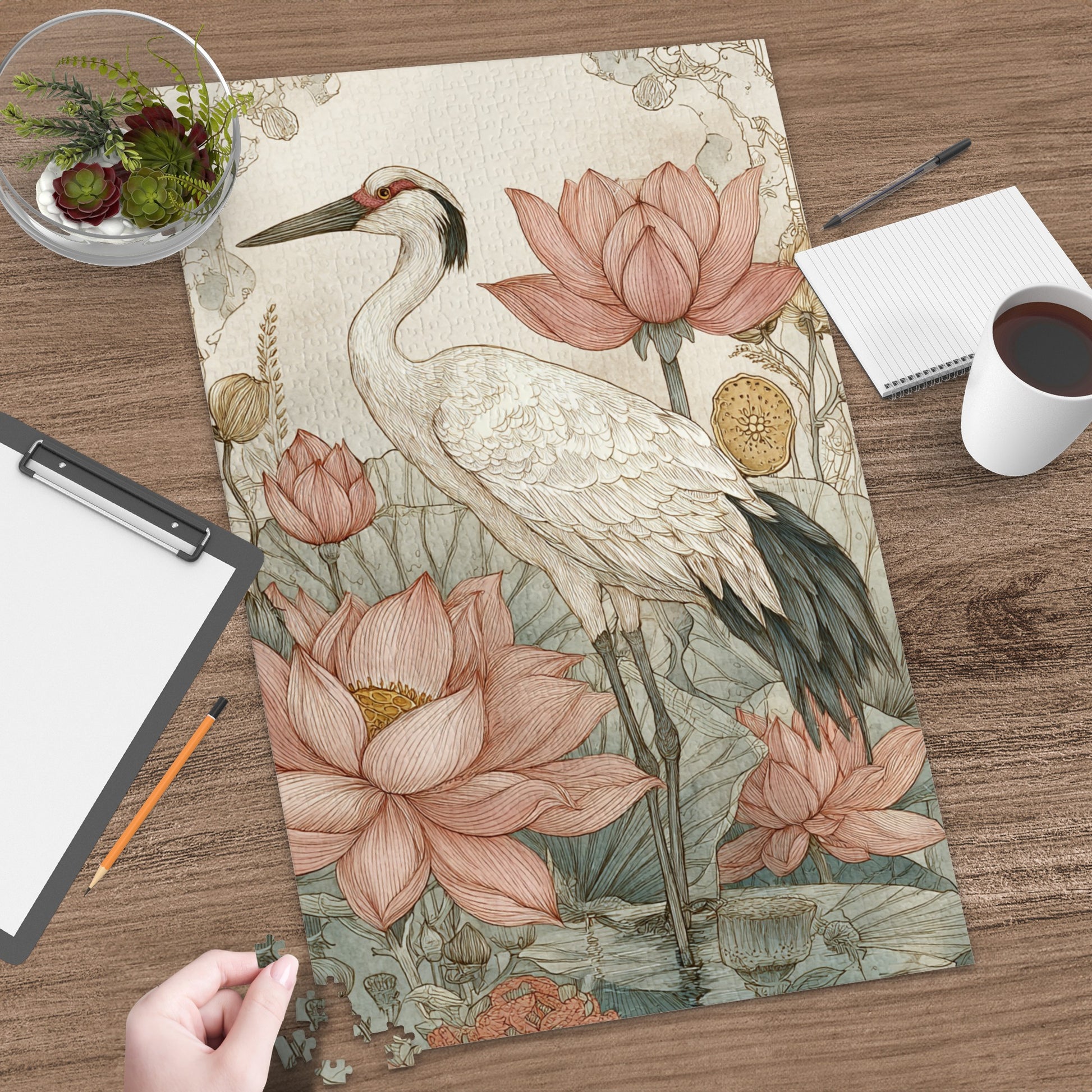 Elegant Crane and Lotus Botanical Art Print