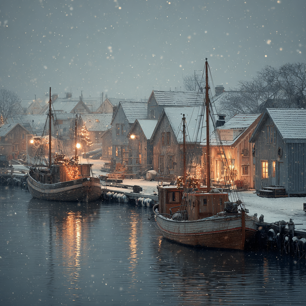 Serene Coastal Village Harbor in Snow Decor Print