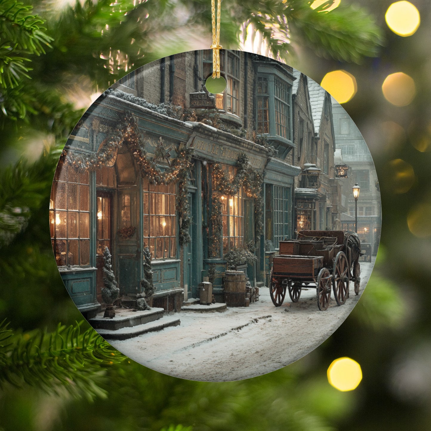 Vintage European Winter Street Scene Ornament