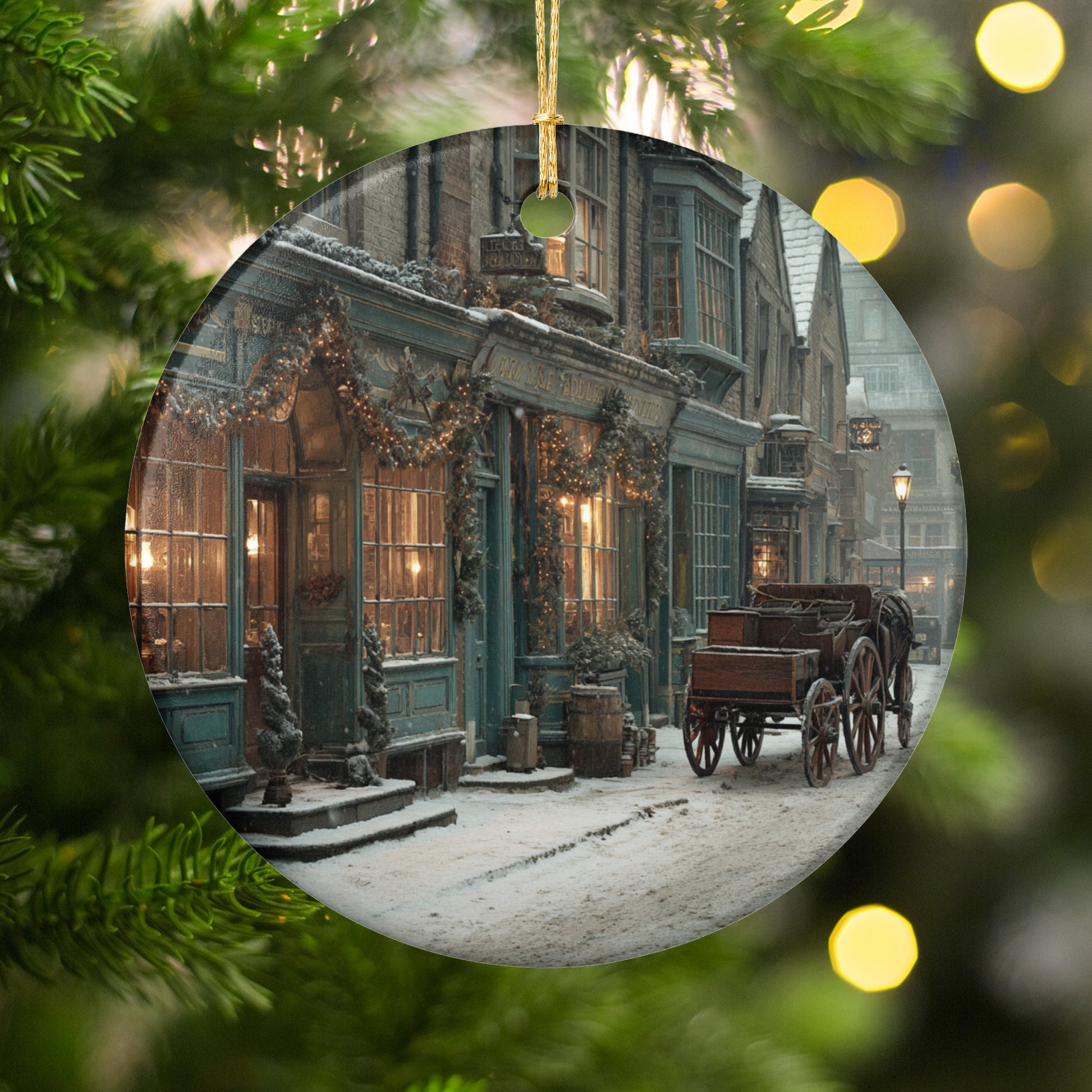 Vintage European Winter Street Scene Ornament