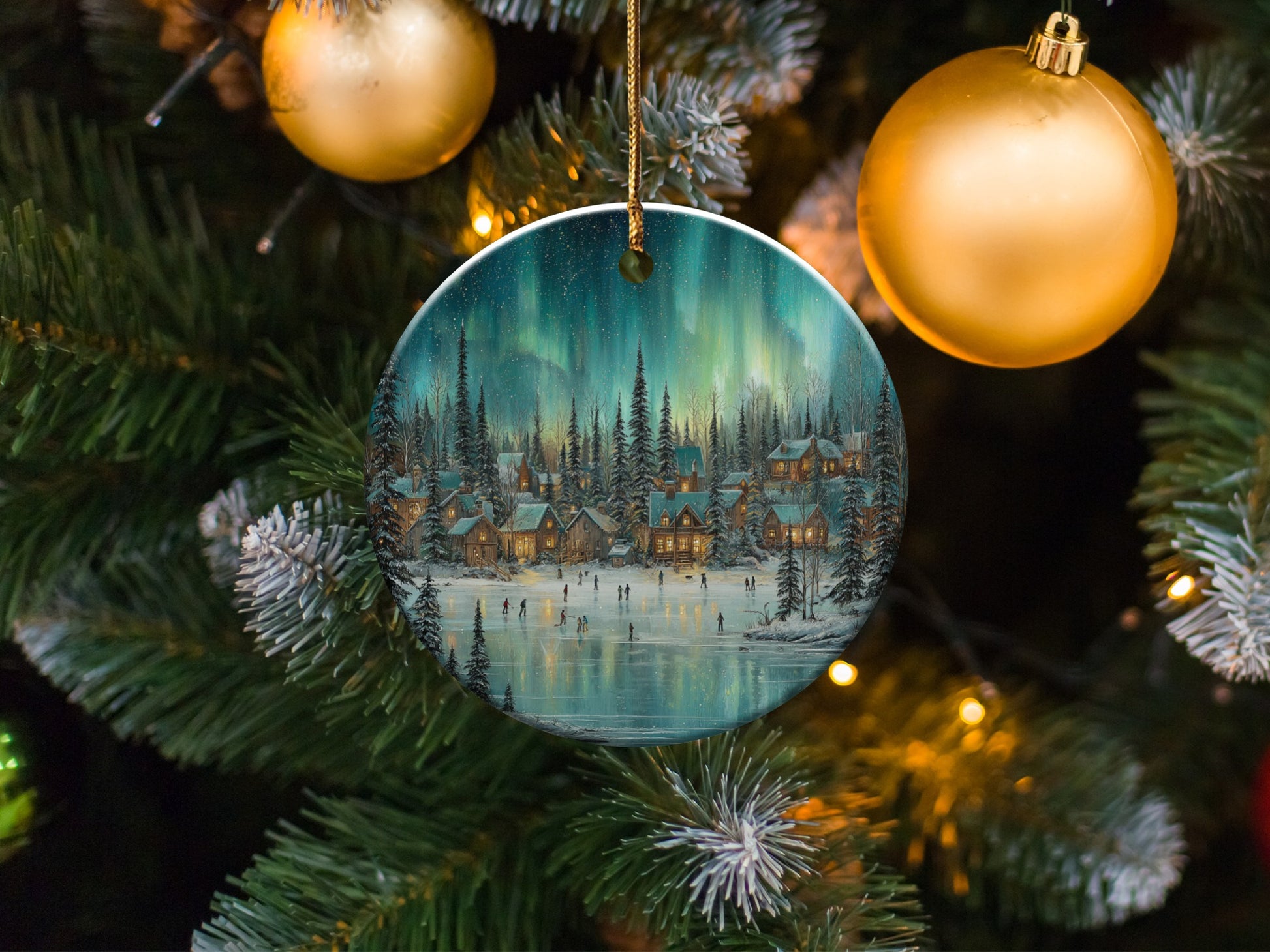 Hand-Painted Christmas Village Scene Ornament