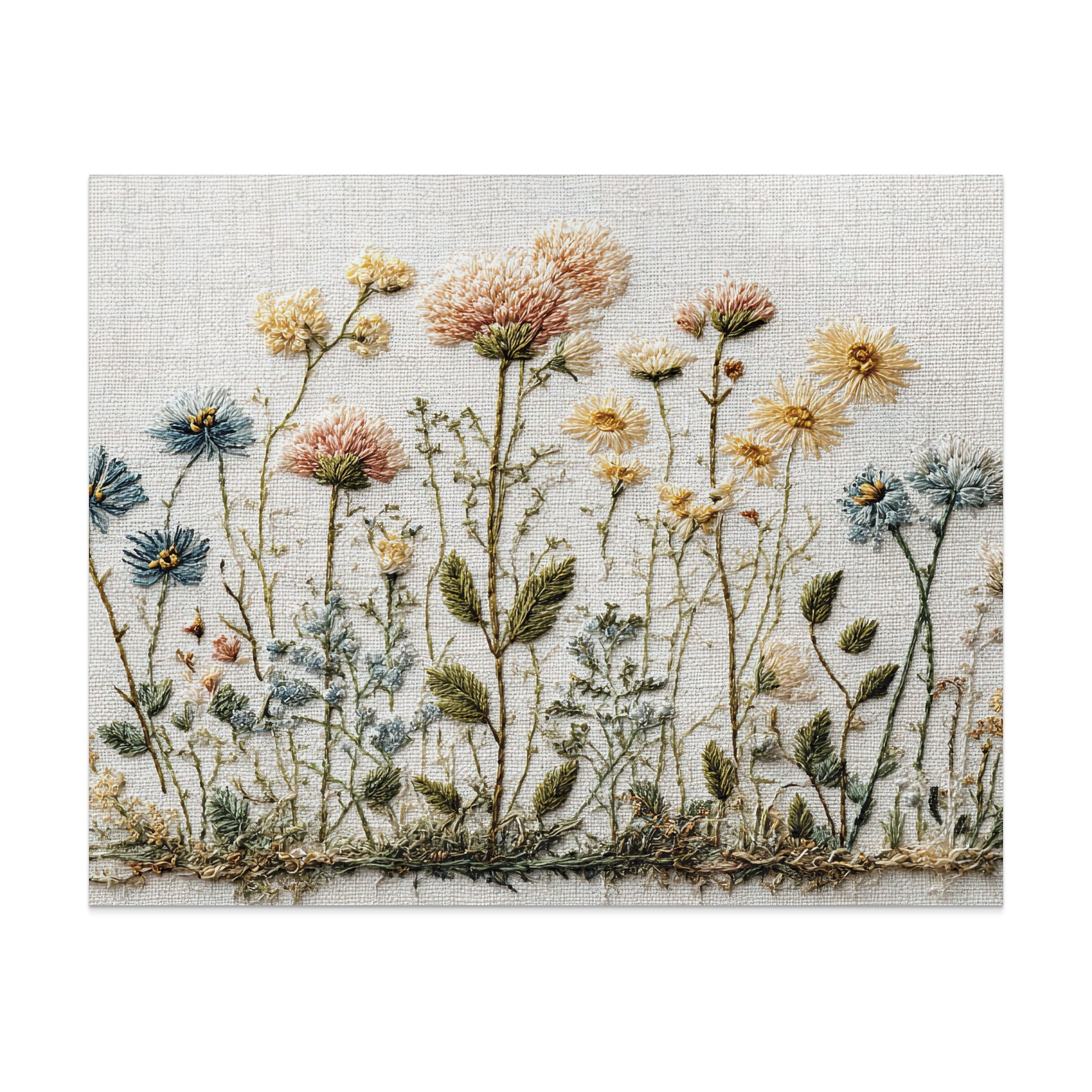 Embroidered wildflowers and grasses with delicate stitching on textured fabric.