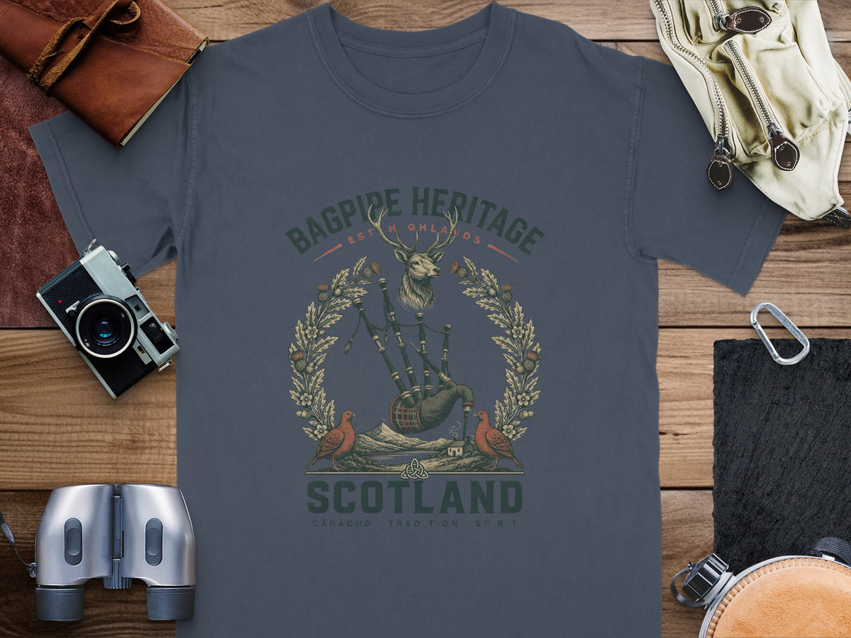 T-shirt with "Bagpipe Heritage" and "Scotland" text featuring stag, bagpipes, and birds.