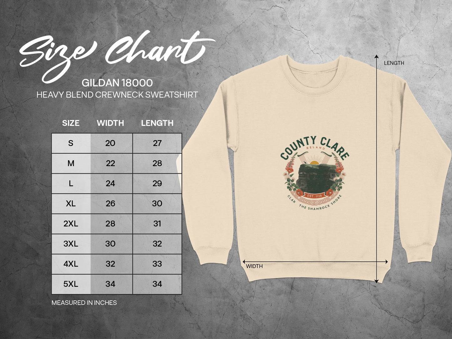 Gildan 18000 sweatshirt size chart in inches for width and length.