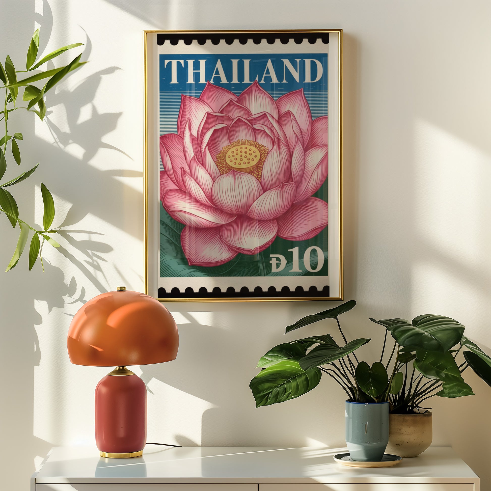 Vintage Thailand Lotus Stamp Art Wall Decor