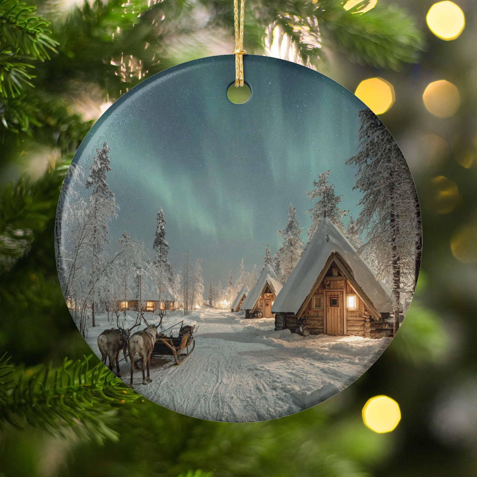 Northern Lights Village Scene Round Ornament