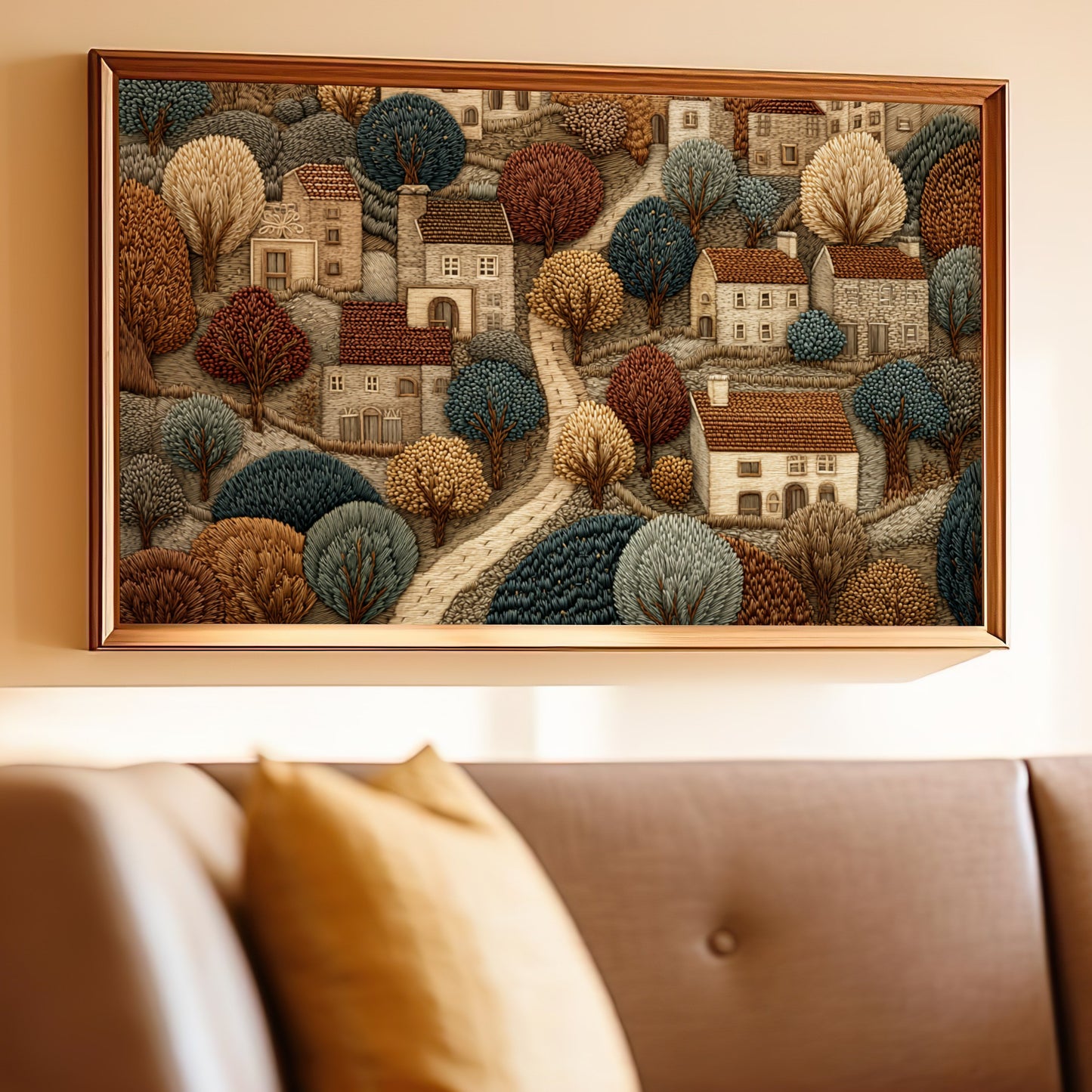 Charming Village Landscape Wall Art for Living Room Decor