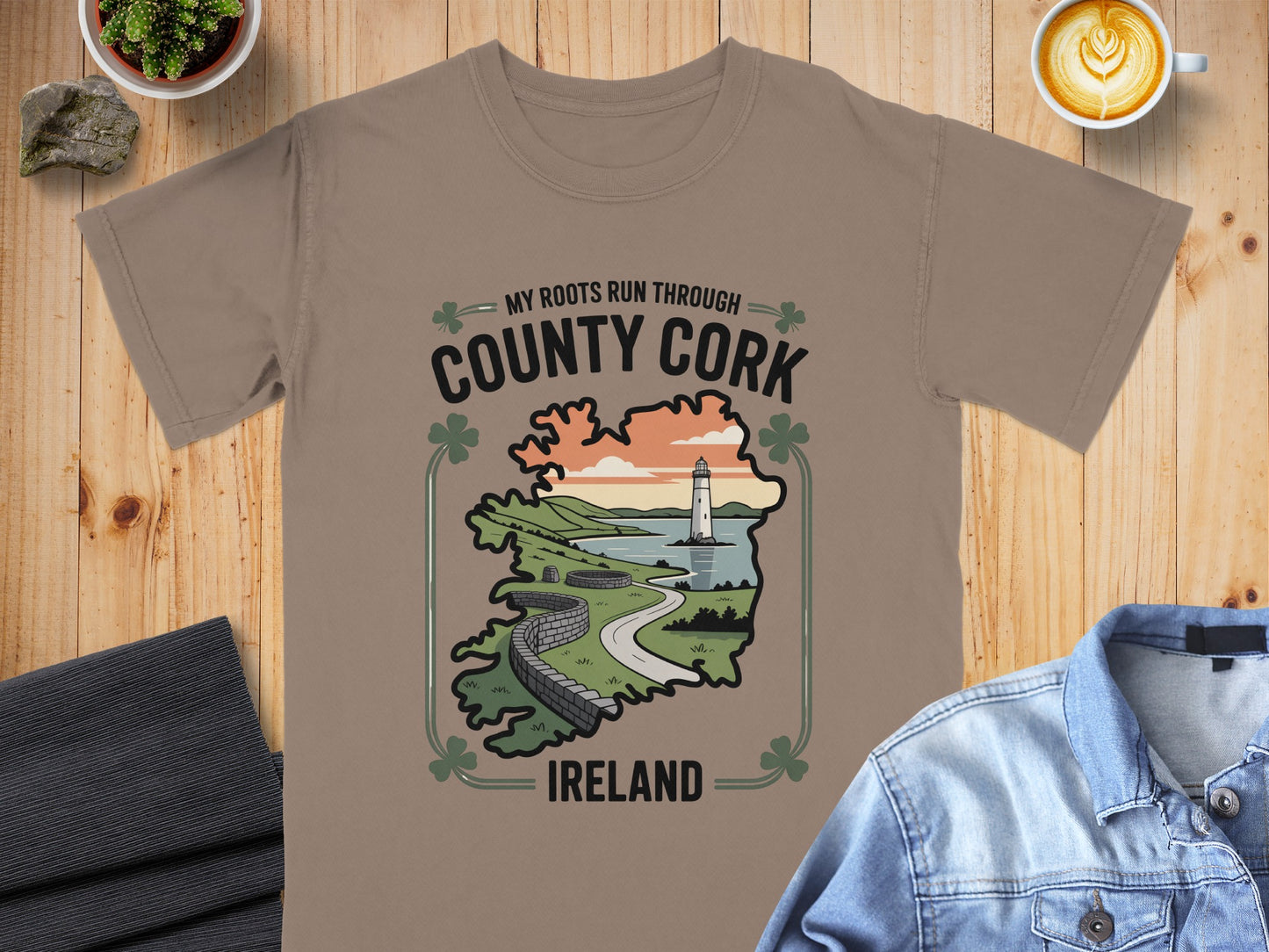 T-shirt with "My Roots Run Through County Cork Ireland" text and Irish landscape graphic.