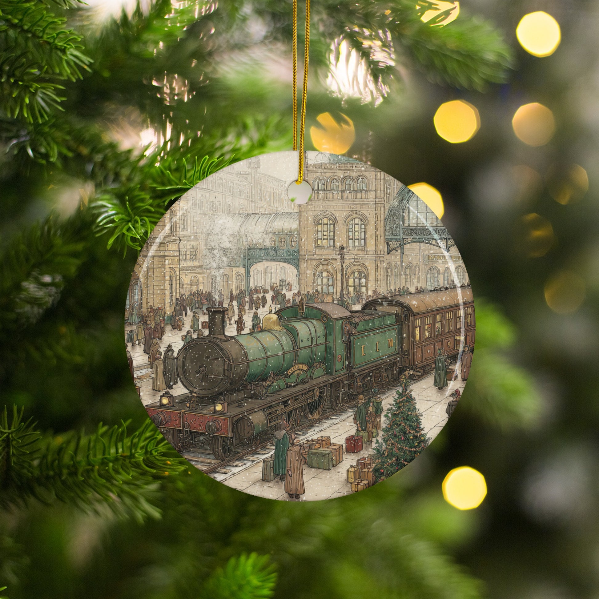 Vintage Train Station Scene Round Christmas Ornament